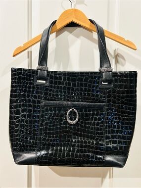 Brighton Jetson Black Patent Leather Tote Shoulder Bag Laptop Silver Accents